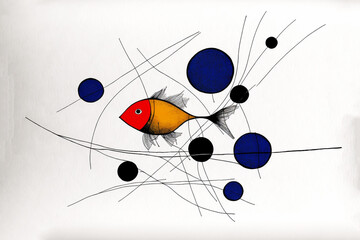 Abstract group of fish carried out in a colorful surrealist style.