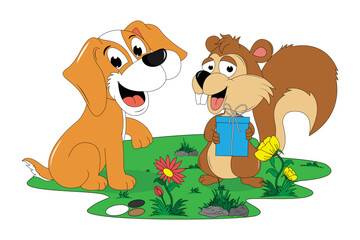 Obraz na płótnie Canvas cute dog and squirrel cartoon illustration