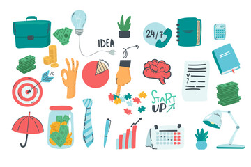 Set of business doodle elements made in vector. Idea, businessman, creative thinking, progress, graphs and all other kinds of business related elements.