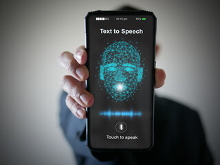 AI speaks and imitates the human voice, text-to-speech or TTS, speech synthesis applications, generative Artificial Intelligence, and futuristic technology in language and communication.