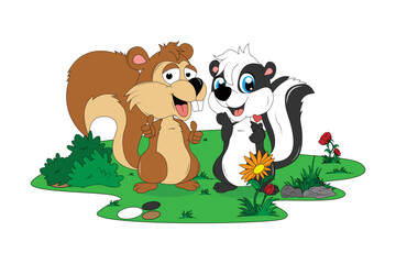 Obraz na płótnie Canvas cute squirrel and skunk cartoon illustration