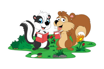 cute squirrel and skunk cartoon illustration