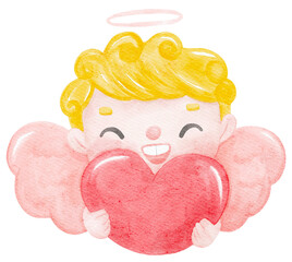 cute watercolour happy smile  blond curly hair love Valentine cupid angel boy  kid nursery art