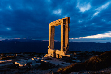 A small town at dusk in Greece.