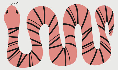Abstract hand drawn vector illustration with a funny snake. Pink and black snake on a white background. Trendy boho style design for social networks, web or print for clothes.