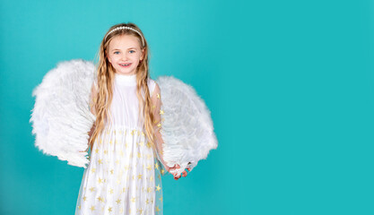 Valentines day banner with angel child. Angel kid with blonde curly hair. Beautiful little angel. Portrait of beautiful angel little girl with angels wings.