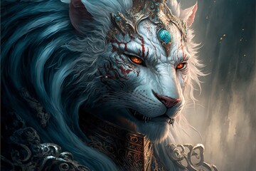 A close up of the fantasy beast of ancient Chinese mythology, White Tiger
