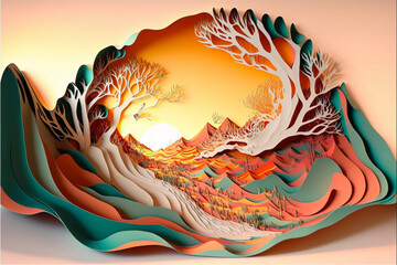Fototapeta na wymiar beautiful abstract paper origami landscape illustration, ai generated art, nature design pattern