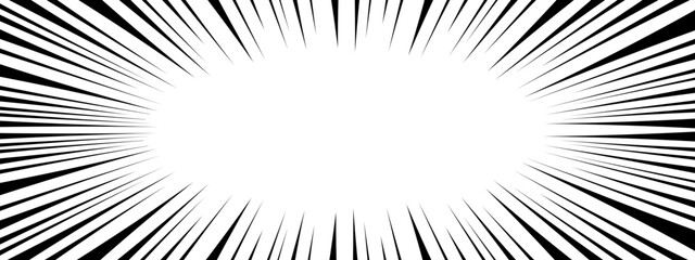 Radial speed black lines on white background. Manga book page design. Comic attention template. Shock, splash, flash, boom, explosion, power, roar, motion, burst effect