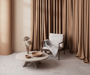 Interior design of room in earth tones with massive curtains, armchair