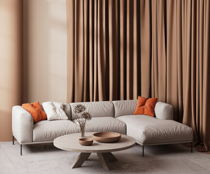 Corner sofa in modern interior design room in beige colors