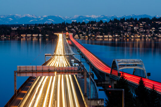 Mercer Island and mountains in sunset - Powered by Adobe
