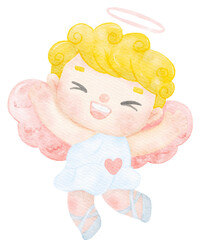 cute watercolour happy smile  blond curly hair love Valentine cupid angel boy  kid nursery art