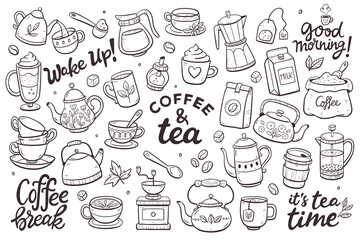 Collection of coffee and tea products. Doodle cliparts of teapots, cups, coffee, herbal teas... Isolated objects on a white background. Background to create patterns or use the objects individually. - obrazy, fototapety, plakaty