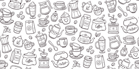 Seamless pattern of coffee and tea. Doodle cliparts of teapots, cups, coffee, herbal teas... Tileable background, perfect for decorating walls and surfaces. Vector illustration.