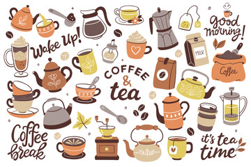 Collection of coffee and tea products. Colorful cliparts of teapots, cups, coffee, herbal teas... Isolated objects on a white background. Background to create patterns or use the objects individually.