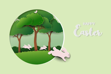 Happy Easter greeting card with rabbits family on spring forest