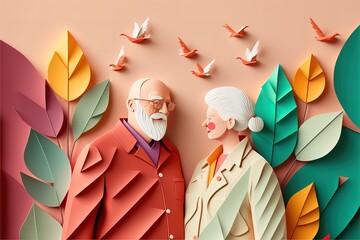 origami spring background, joyful elderly, happy couple, spring colorful. Paper cut craft, 3d paper illustration style, pop color. Valentine day concept. Love concept art. Generative AI - obrazy, fototapety, plakaty