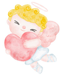 cute watercolour happy smile  blond curly hair love Valentine cupid angel boy  kid nursery art