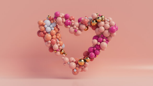 Multicolored Balloon Love Heart. Pink, Orange and Gold Balloons arranged in a heart shape. 3D Render. 