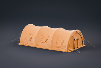 Monochrome single color yellow military tent and shelter, campsite for soldiers, humanitarian aid tent, 3d illustration