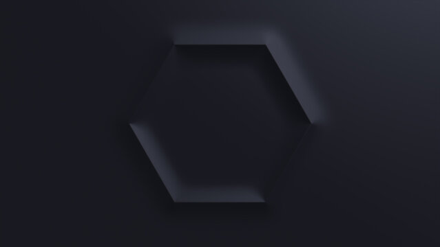 Black Background with Embossed 3D Shape. Minimalist Surface with Extruded Hexagon. 3D Render.
