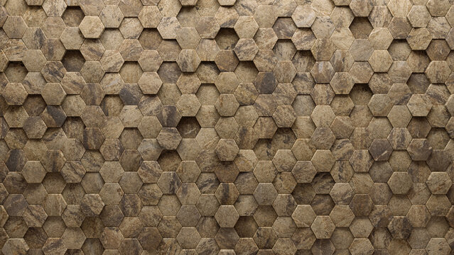 Natural Stone, Hexagonal Mosaic Tiles arranged in the shape of a wall. Semigloss, Textured, Bricks stacked to create a 3D block background. 3D Render