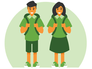 Schoolchildren boy and girl stand with backpacks, Two teen kids standing together. Vector graphics