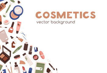 Makeup cosmetics banner. Ad background design with beauty products, sale promotion. Salon supplies, tools, accessories in jars, lipsticks, mascara, creams on promo backdrop. Flat vector illustration