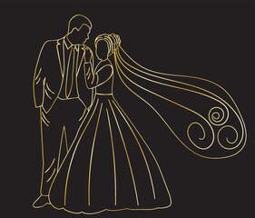 bride and groom golden sketch, doodle ,contour line on black background