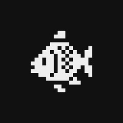 1-bit fish logo pixel art style icon element, design app, web, tattoo, sticker and emoji. Isolated abstract vector illustration. Video game sprite. 