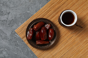 Concept of tasty food, dates, top view