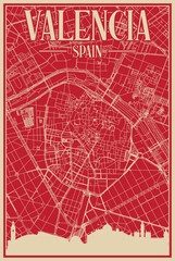 Red hand-drawn framed poster of the downtown VALENCIA, SPAIN with highlighted vintage city skyline and lettering