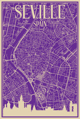 Purple hand-drawn framed poster of the downtown SEVILLE, SPAIN with highlighted vintage city skyline and lettering
