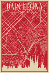 Red hand-drawn framed poster of the downtown BARCELONA, SPAIN with highlighted vintage city skyline and lettering