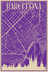 Purple hand-drawn framed poster of the downtown BARCELONA, SPAIN with highlighted vintage city skyline and lettering