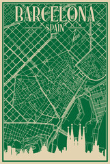 Fototapeta premium Green hand-drawn framed poster of the downtown BARCELONA, SPAIN with highlighted vintage city skyline and lettering