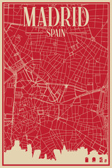 Red hand-drawn framed poster of the downtown MADRID, SPAIN with highlighted vintage city skyline and lettering