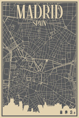 Grey hand-drawn framed poster of the downtown MADRID, SPAIN with highlighted vintage city skyline and lettering
