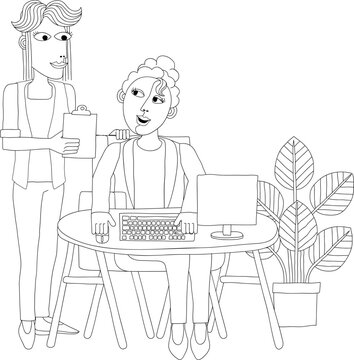 Two women at work business illustration of an office scene with a computer workstation. In an original abstract cubist flat modern cartoon style.