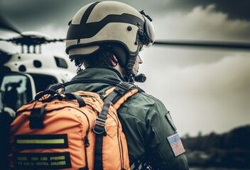 Naklejka premium illustration of emergency paramedics, with helicopter in the background, AI generated