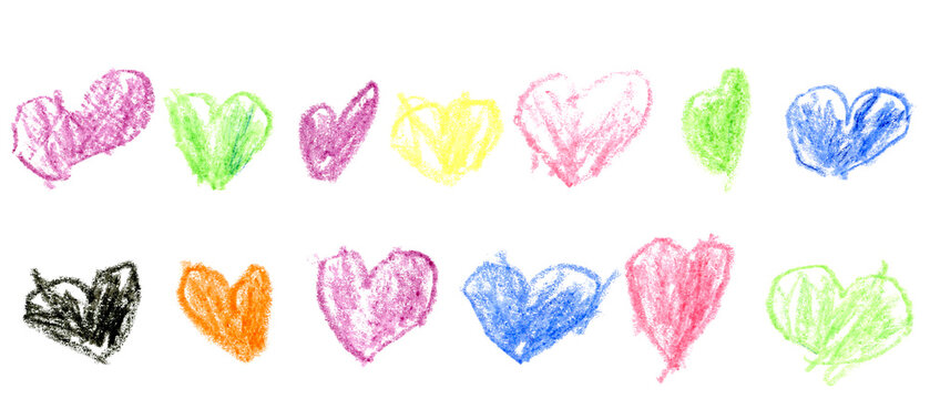 Colored kid's crayon hand drawn illustration love hearts set