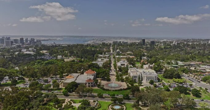 San Diego California Aerial v72 flyover balboa park above el prado leading to historical cabrillo bridge capturing cultural and recreational urban parklands - Shot with Mavic 3 Cine - September 2022
