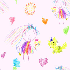 Seamless Pattern With Colored Kid's Crayon Hand Drawn Cat, Girl, Sun and Heart