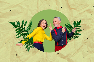 Composite artwork photo collage of funny elderly couple dancing have fun vintage classic suits...