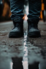 Close-up of man legs in black sneakers on the floor