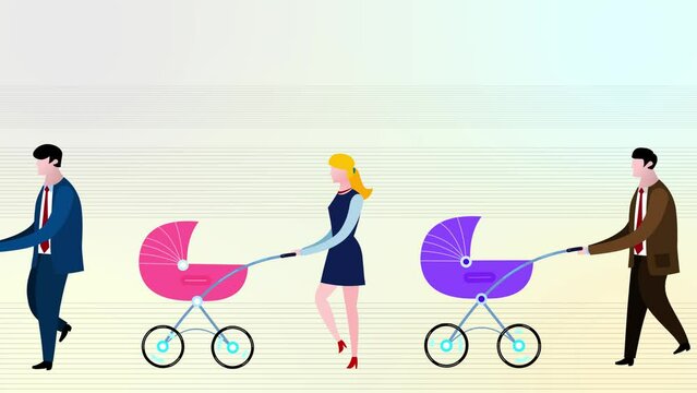 Cartoon business people with baby buggies walking along screen. Baby boom. Handsome people &ndash; father and mother. Business people animated version. Business cartoon animations serie.