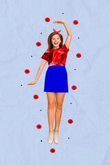 Photo collage artwork minimal picture of dreamy excited little lady jumping high measuring height...