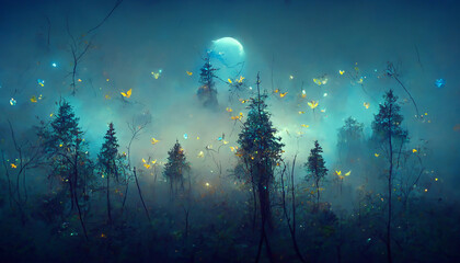 Obraz na płótnie Canvas forest blue glowing butterflies mild fog moonlight ultra reali illustration Generative AI Content by Midjourney