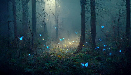 forest blue glowing butterflies mild fog moonlight ultra reali illustration Generative AI Content by Midjourney